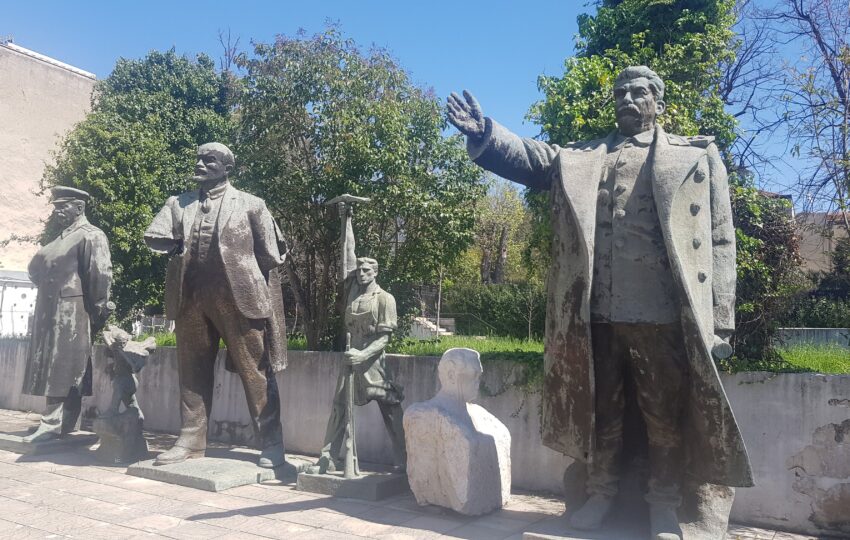 Statues of Stalin ,Lenin during communist tour Tirana